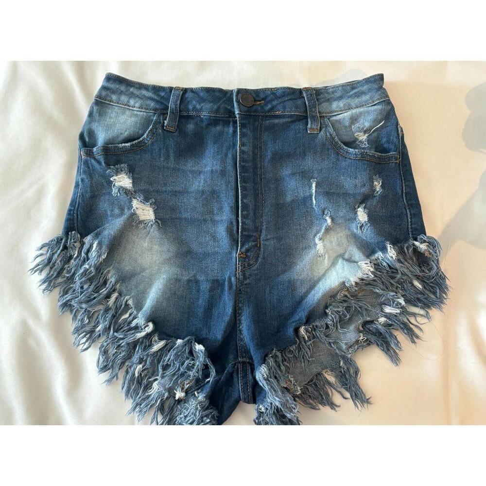 Aphrodite Cutoff Shorts Women 30 Blue Denim High-Rise Distressed Pockets Zip Fly